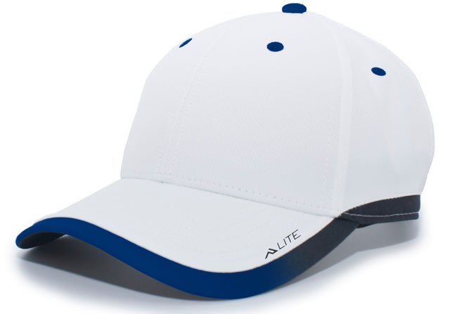 White cap with blue accents on a white background