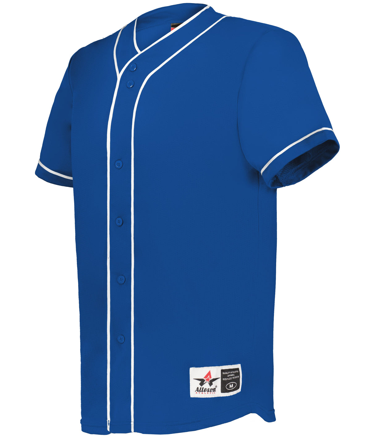 Blue baseball jersey with white accents on a white background