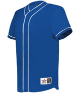 Blue baseball jersey with white accents on a white background