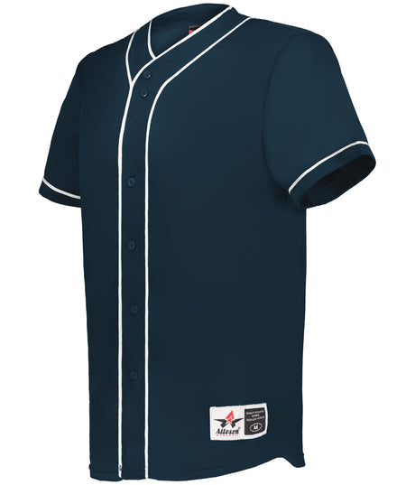 Navy blue baseball jersey with white accents on a white background