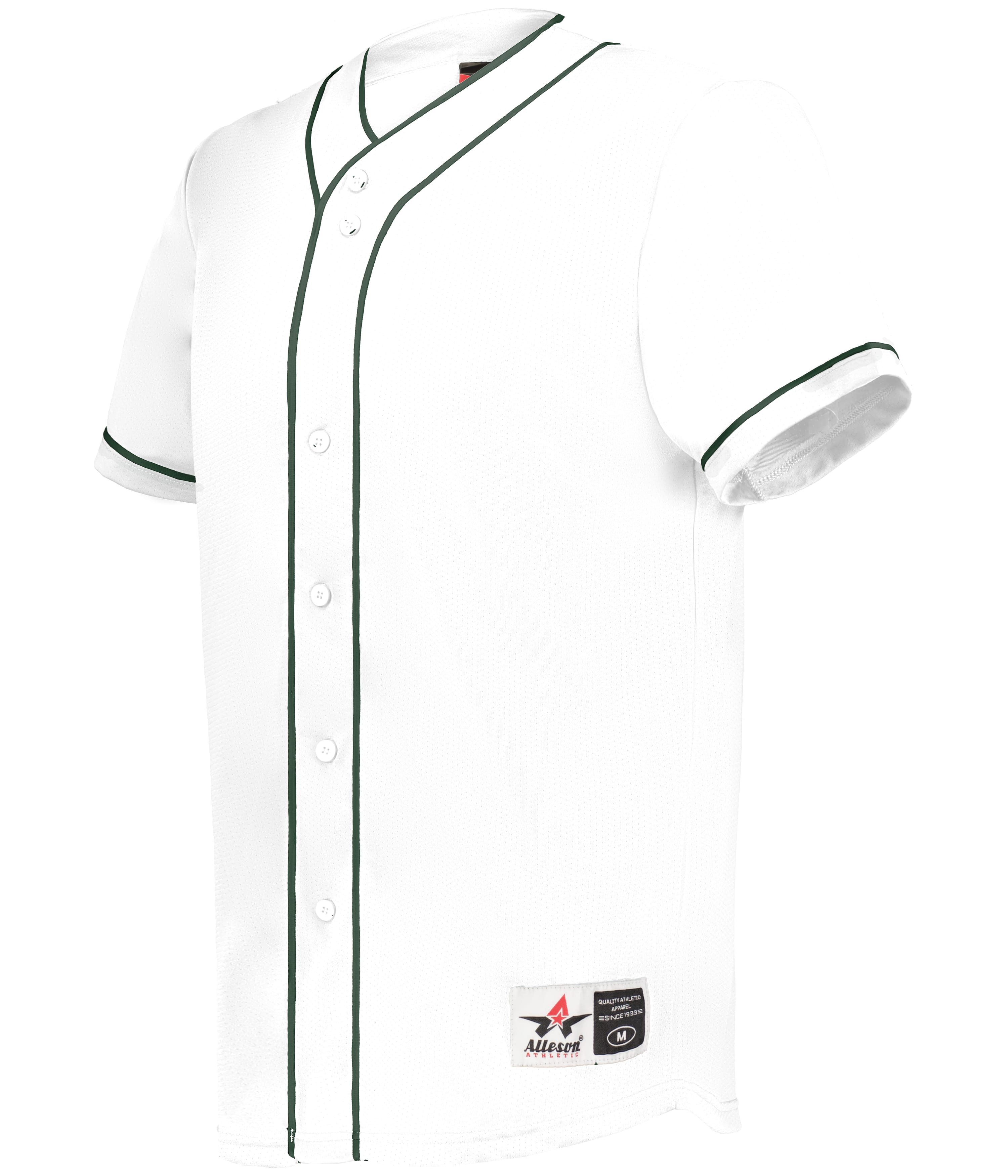 White baseball jersey with black accents on a white background