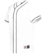 White baseball jersey with black accents on a white background