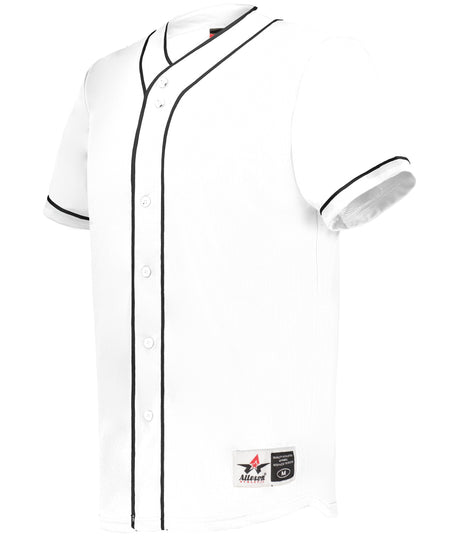 White baseball jersey with black accents on a white background