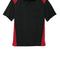 Black and red polo shirt with a pocket on a white background