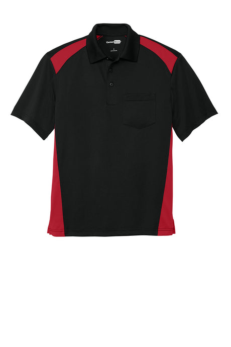 Black and red polo shirt with a pocket on a white background