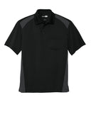 Black polo shirt with gray accents on a white background