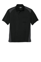 Black polo shirt with gray accents on a white background