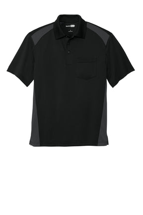Black polo shirt with gray accents on a white background
