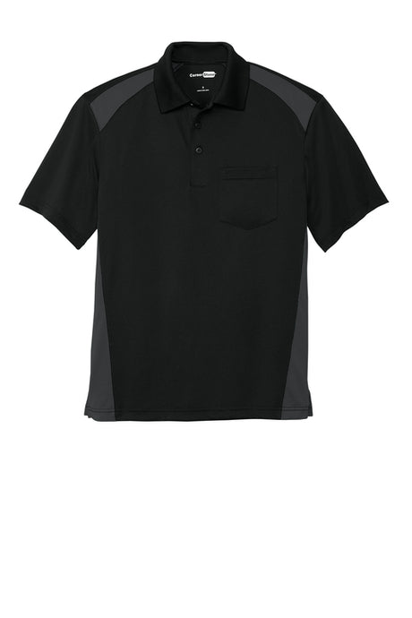 Black polo shirt with gray accents on a white background