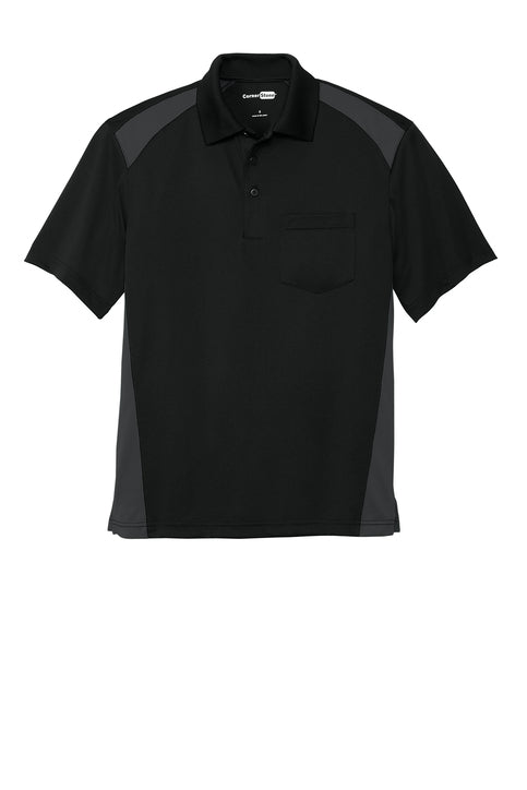 Black polo shirt with gray accents on a white background