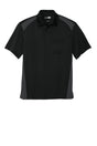 Black polo shirt with gray accents on a white background