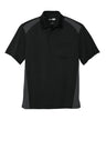Black polo shirt with gray accents on a white background