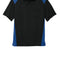Black polo shirt with royal accents on a white background