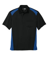 Black polo shirt with royal accents on a white background