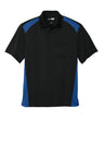 Black polo shirt with royal accents on a white background