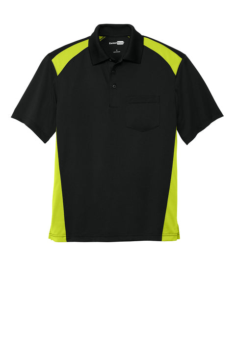Black and green polo shirt with a brand logo on a white background