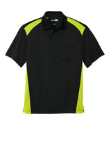 Black and green polo shirt with a brand logo on a white background