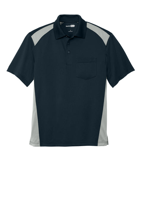 Navy and gray polo shirt with a brand logo on a white background