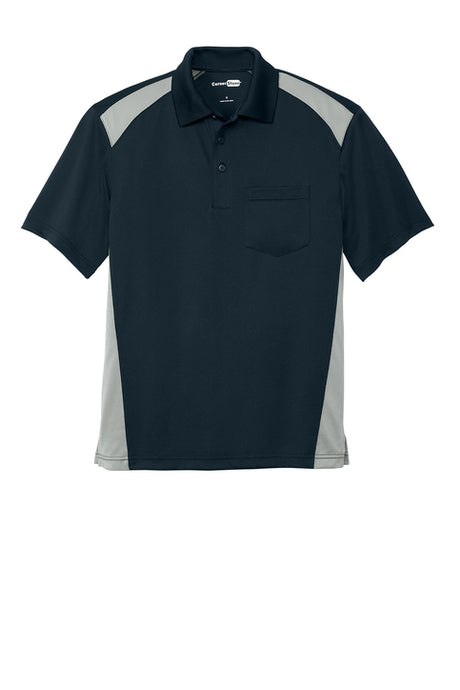 Navy and gray polo shirt with a brand logo on a white background