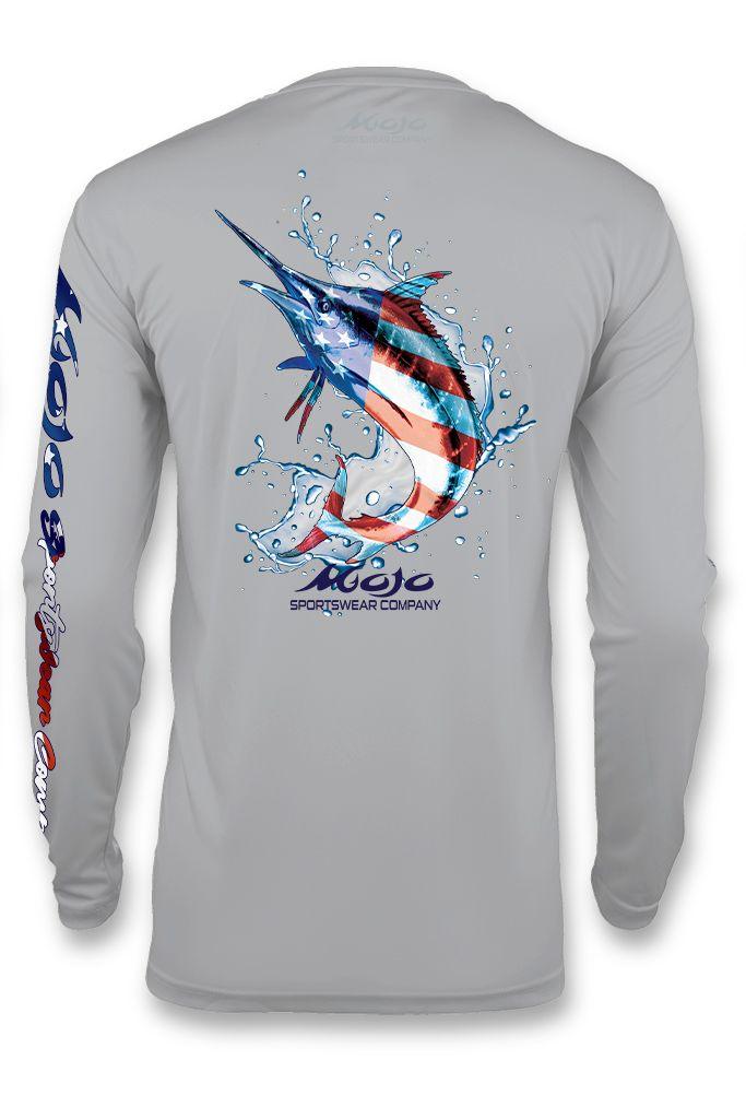 A grey long-sleeved athletic shirt with a colorful graphic of a fish on the front and the brand 'Mojo' on the sleeve.