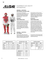 All-Star baseball and fastpitch equipment size and fit information guide with two models wearing protective gear.