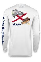 A white long-sleeved fishing shirt with a graphic of a redfish and the name 'Mojo' on the chest.