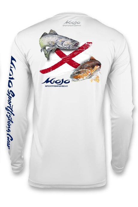 A white long-sleeved fishing shirt with a graphic of a redfish and the name 'Mojo' on the chest.