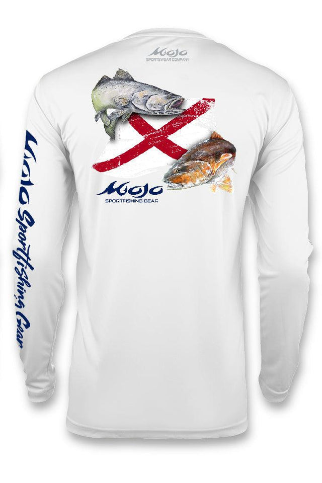 A white long-sleeved fishing shirt with a graphic of a redfish and the name 'Mojo' on the chest.