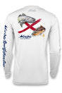 A white long-sleeved fishing shirt with a graphic of a redfish and the name 'Mojo' on the chest.