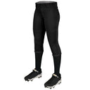 Black softball pants with knee pads and cleats on a white background