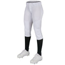 White softball pants with black socks and white cleats on a white background