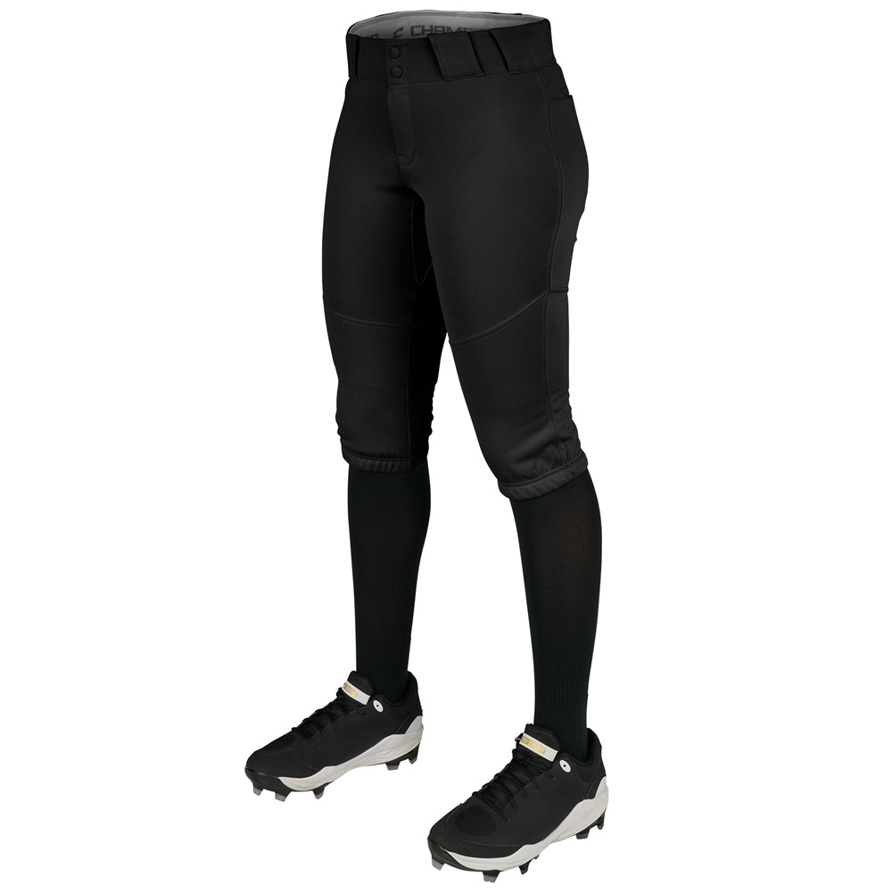 Black softball pants with black leggings and cleats on a white background