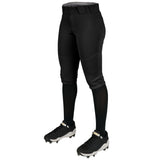 Black softball pants with black leggings and cleats on a white background