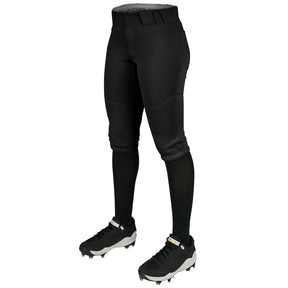 Black softball pants with black leggings and cleats on a white background