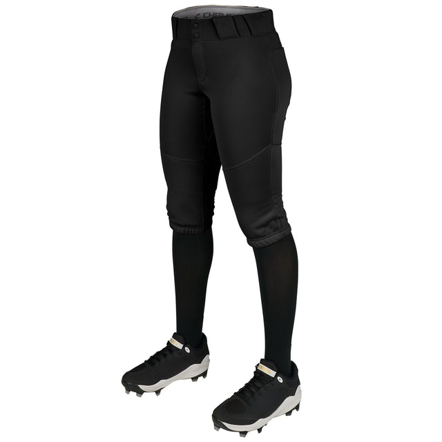 Black softball pants with black leggings and cleats on a white background