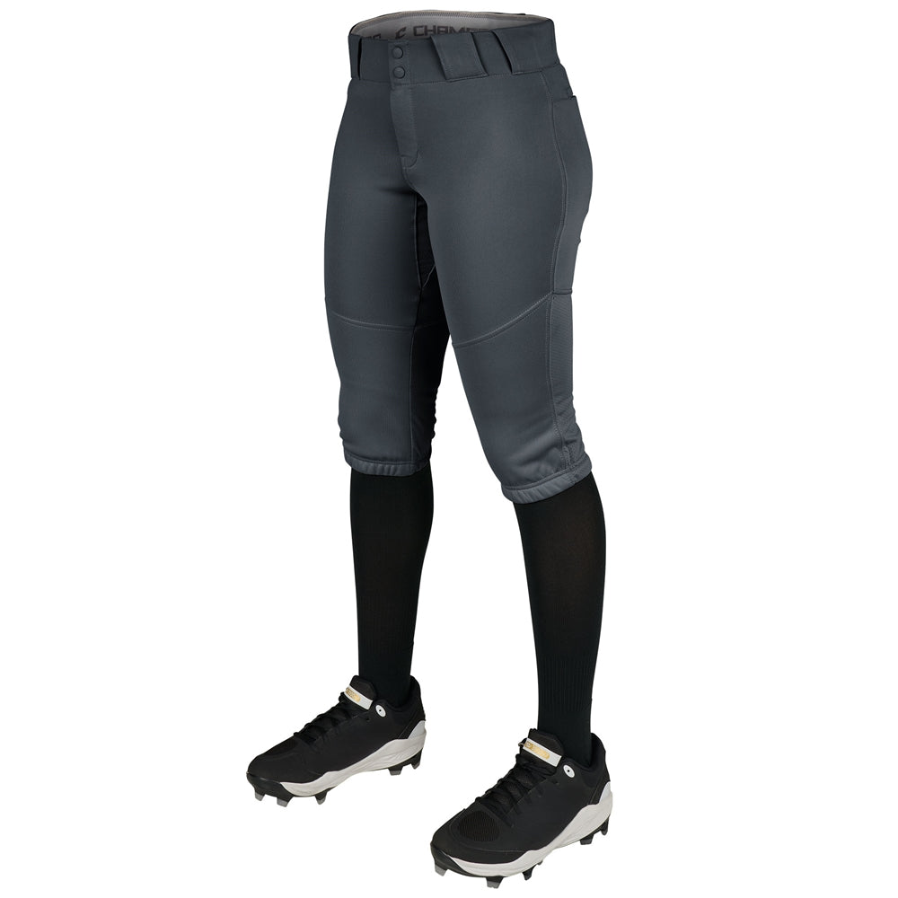 Graphite softball pants with black leggings and cleats on a white background