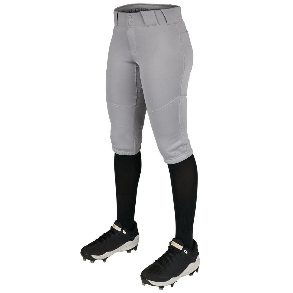 Gray softball pants with black leggings and shoes on a white background