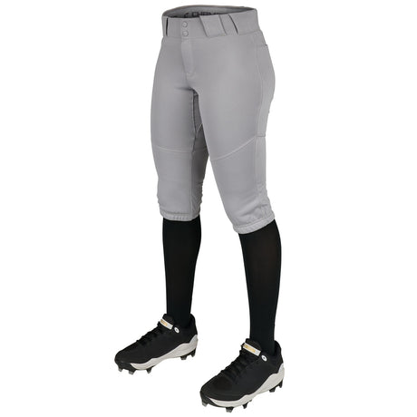 Gray softball pants with black leggings and shoes on a white background