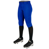 Blue baseball pants with black socks and cleats on a white background