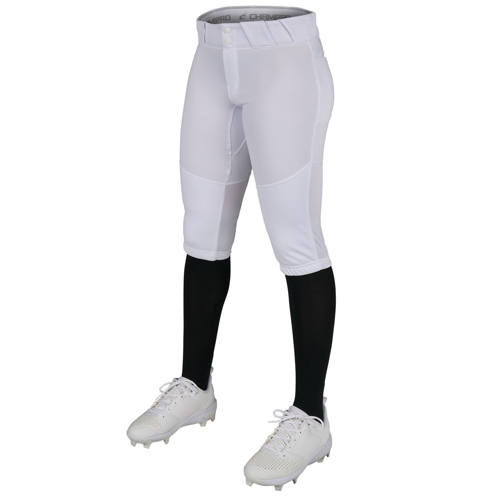 White softball pants with black leggings and cleats on a white background