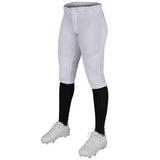 White softball pants with black leggings and cleats on a white background