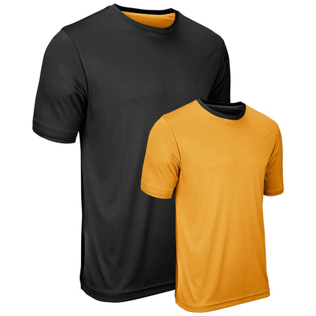 A black and yellow reversible t-shirt with short sleeves and a crew neck collar.