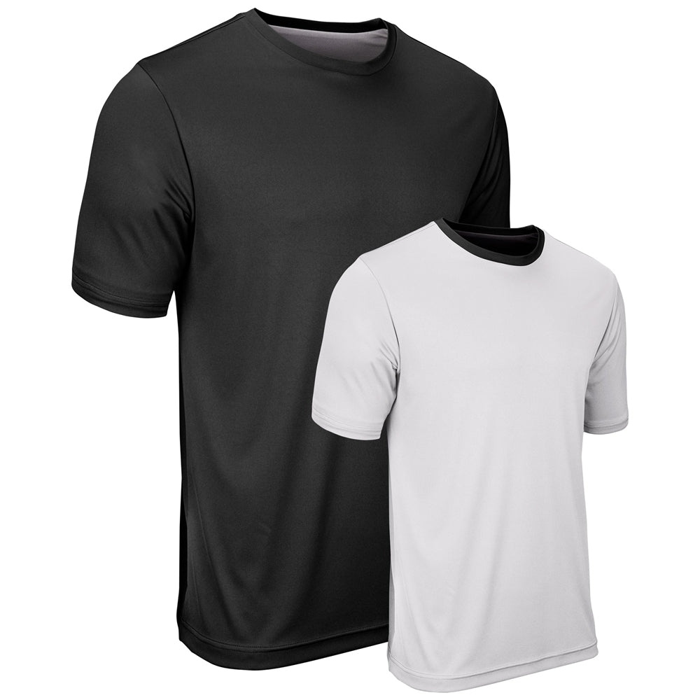 A black and white reversible t-shirt with short sleeves and a crew neck collar.