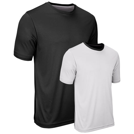 A black and white reversible t-shirt with short sleeves and a crew neck collar.