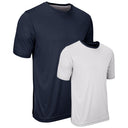 A navy and white reversible t-shirt with short sleeves and a crew neck collar.