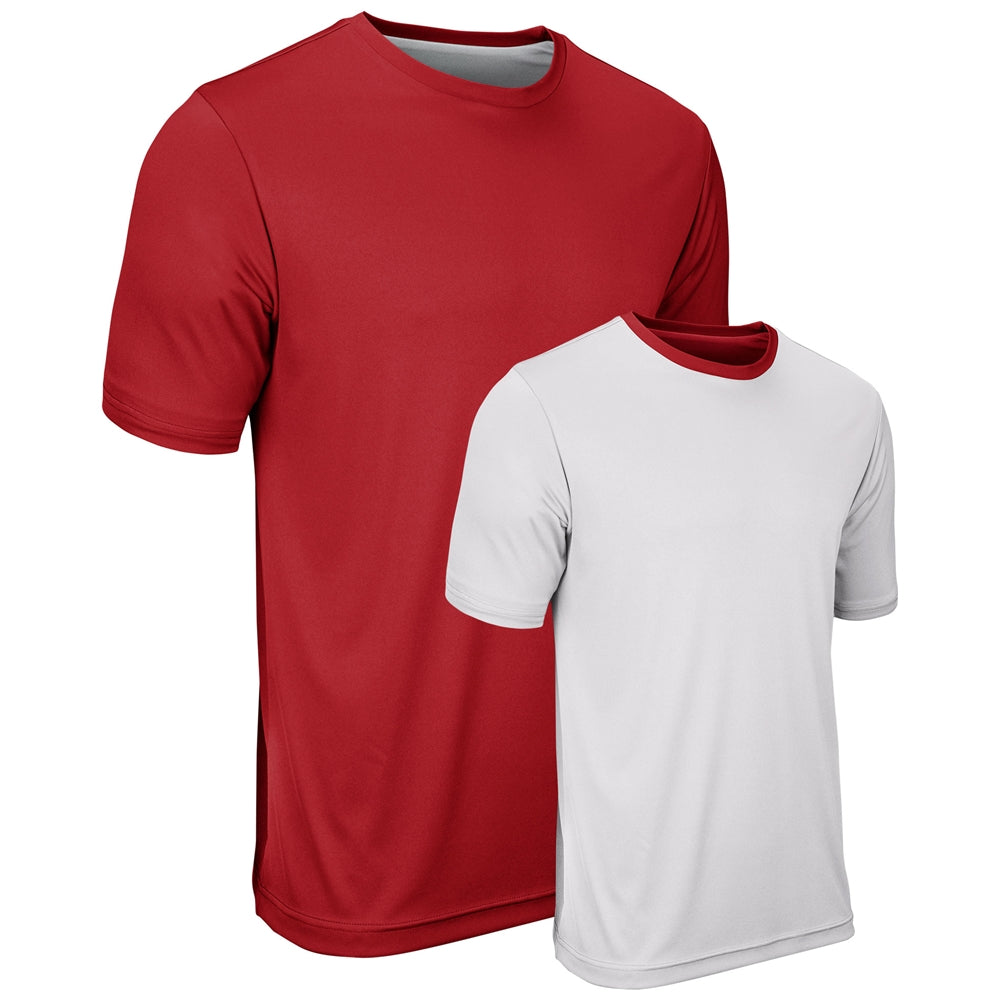 A scarlet and white reversible t-shirt with short sleeves and a crew neck collar.