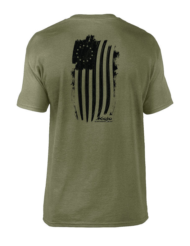 A green short sleeve crew neck t-shirt with a Betsy Ross flag design on the back.