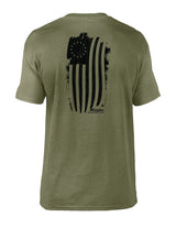A green short sleeve crew neck t-shirt with a Betsy Ross flag design on the back.