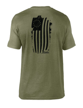 A green short sleeve crew neck t-shirt with a Betsy Ross flag design on the back.