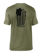 A green short sleeve crew neck t-shirt with a Betsy Ross flag design on the back.